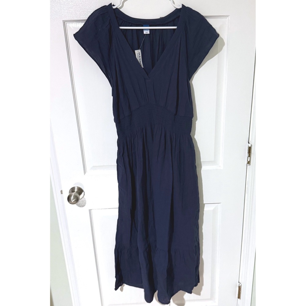 Old Navy Women Navy Blue Cotton Gauze Smocked Midi Dress 419558 L